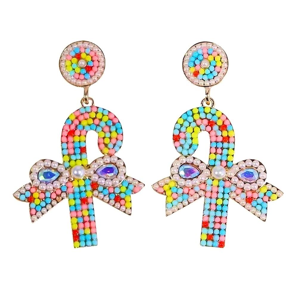 Beaded holiday multi colored candy cane earrings.